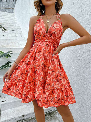 Floral Halter Neck Backless Dress